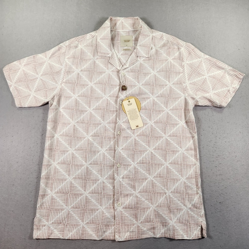 Common People Men's Medium Shirt Pink White Geometric Linen Blend Relaxed NWT